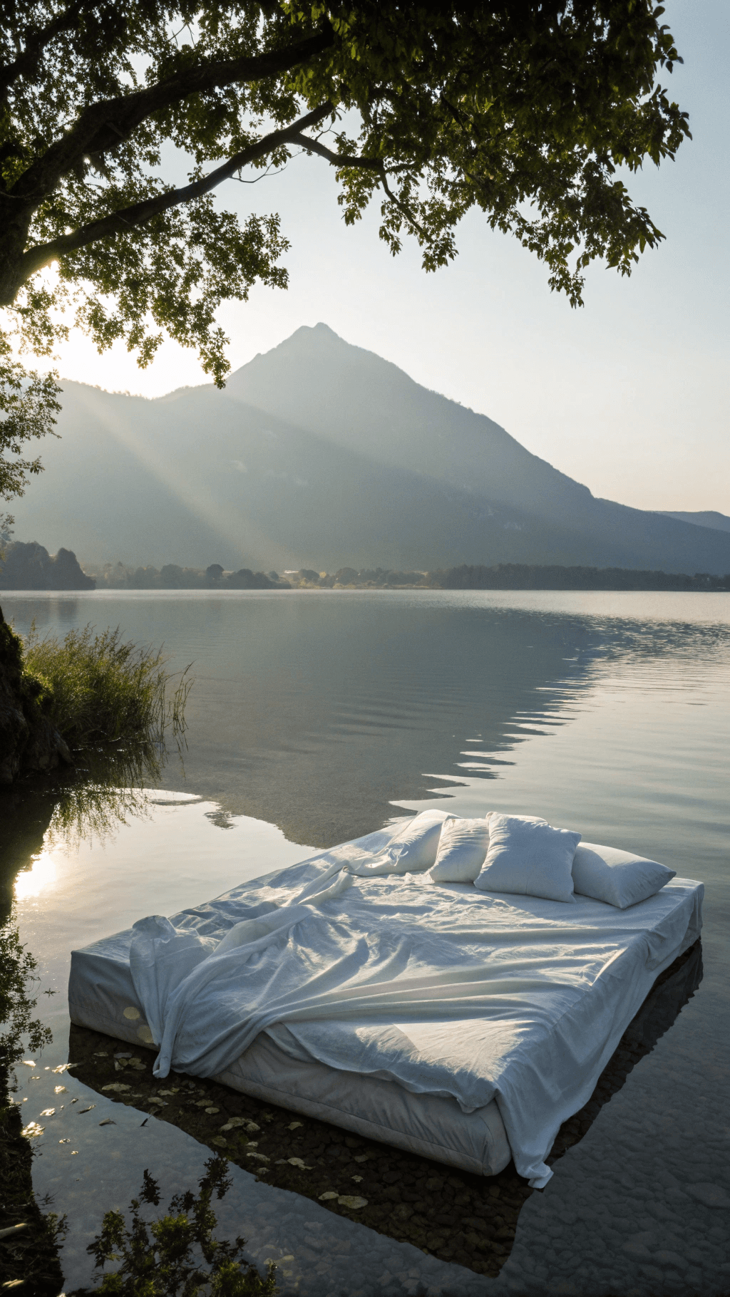 A WHITE LINEN-COVERED BED FLOATING ON A CALM LAKE, WRINKLED SHEETS AND TWO PILLOWS, SHADOW OF A TREE PARTIALLY OVER IT, PEACEFUL MOUNTAIN BACKDROP, AMBIENT SUNLIGHT ON FOLDS OF FABRIC, PHOTOGRAPHED WITH SONY A7R V, CONCEPTUAL EDITORIAL