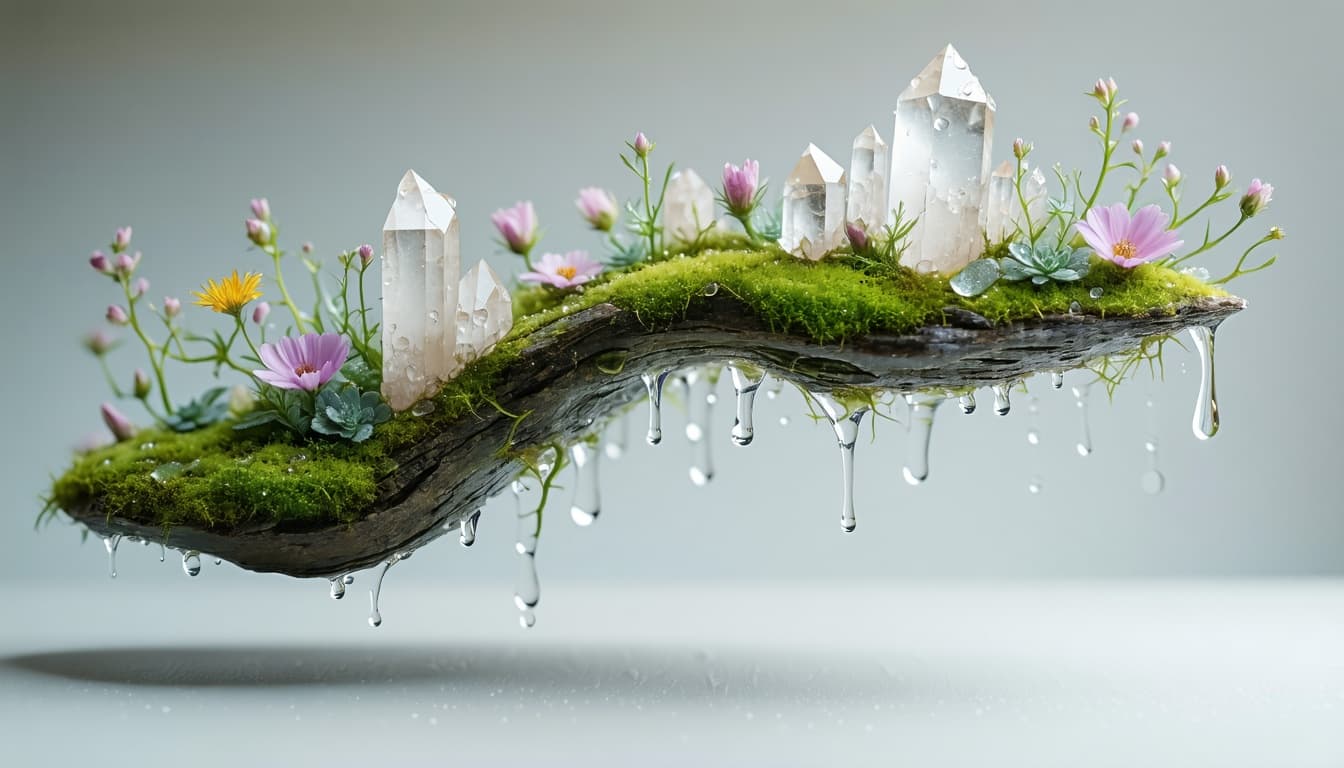 Realistic abstract organic sculpture levitating mid-air - soft green moss, translucent quartz crystals, dew droplets, pastel wildflowers, clean white background, zen balance, minimalistic, soft ambient light, hyper-detailed textures, natural shadows.