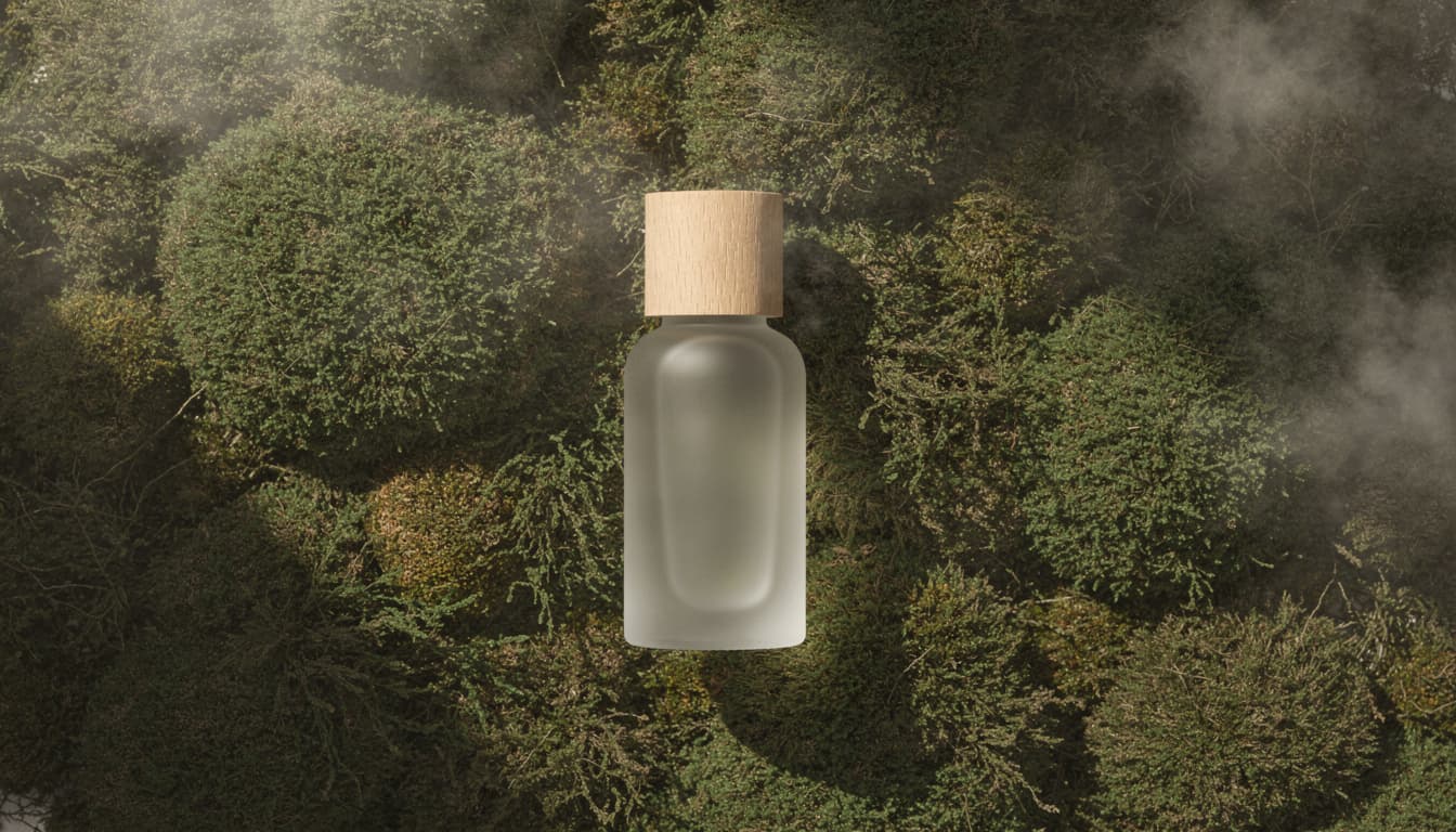 A matte glass skincare bottle with wooden cap placed on a bed of deep green moss. Shot top-down with soft natural light mimicking daylight from a window. The bottle is centered, shadows are diffused, subtle fog effect in the background. Focus on texture: porous moss, smooth frosted glass. Scandinavian eco-luxury product photography aesthetic