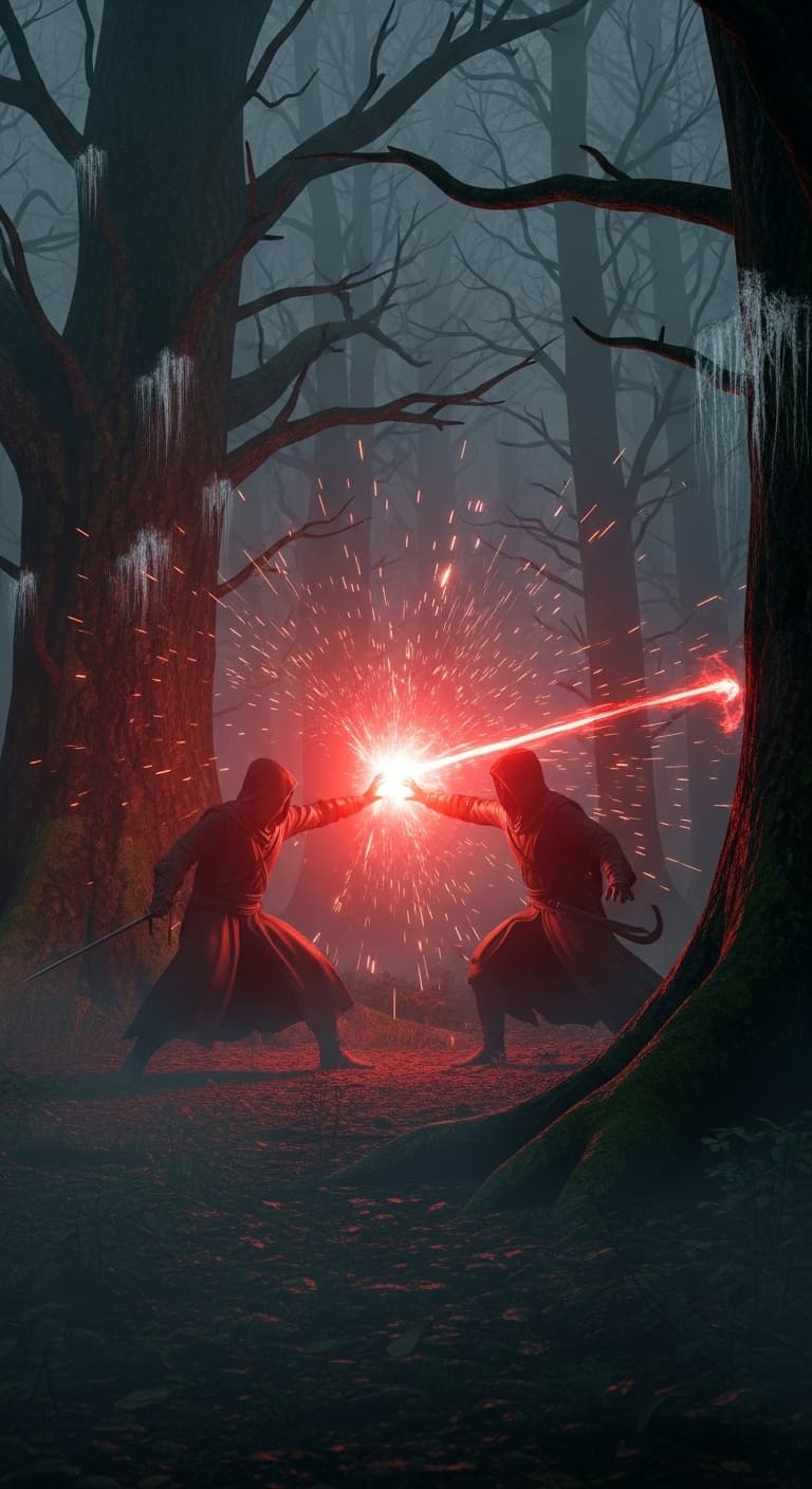 A dramatic cinematic scene in a dark foggy forest where two hooded figures clash, one unleashing a burst of glowing red energy that lights up the trees, sparks flying, deep shadows, dense atmosphere, high-detail lighting and moody composition.