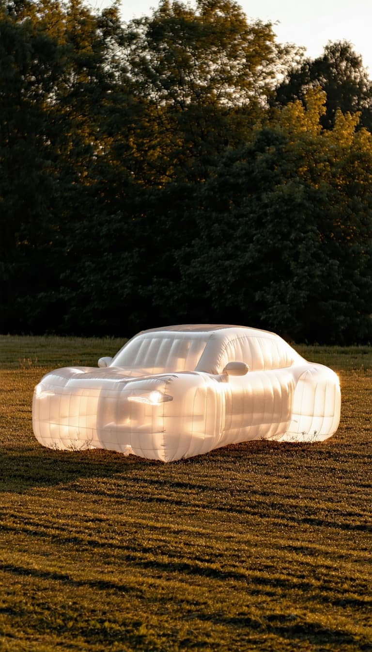 A realistic photo of a full-size transparent inflatable car standing in the middle of a wild grassy field during golden hour, soft warm sunlight, long shadows, gentle breeze moving the grass, surreal and poetic atmosphere, high detail and natural colors.