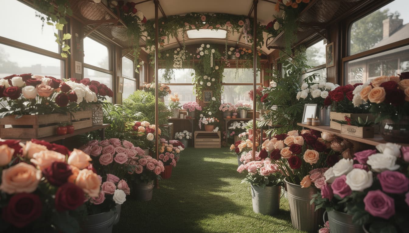 an instagram post of a beautiful flower shop inside a train, with a grass floor and roses everywhere. the image is made to look realistic, with green plants added around the scene