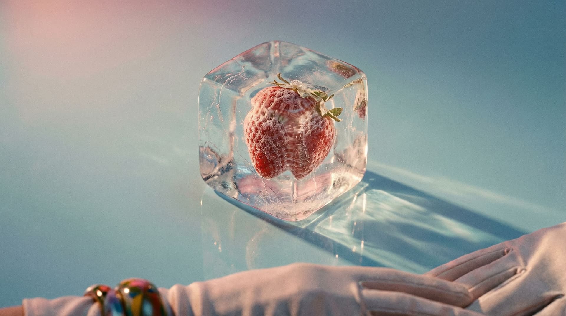 In the style of Guy Bourdin, create an image of frozen strawberry encased in an ice cube, on a light blue background, with cinematic lighting and pastel tones, hyperrealistic photograph.